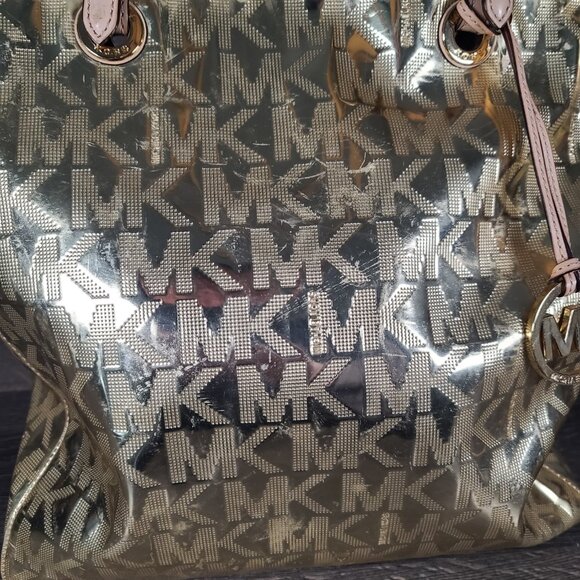 Michael Kors MK Logo Mirror Metallic Gold Monogram Luxury Tote Bag Purse Large - Picture 3 of 13